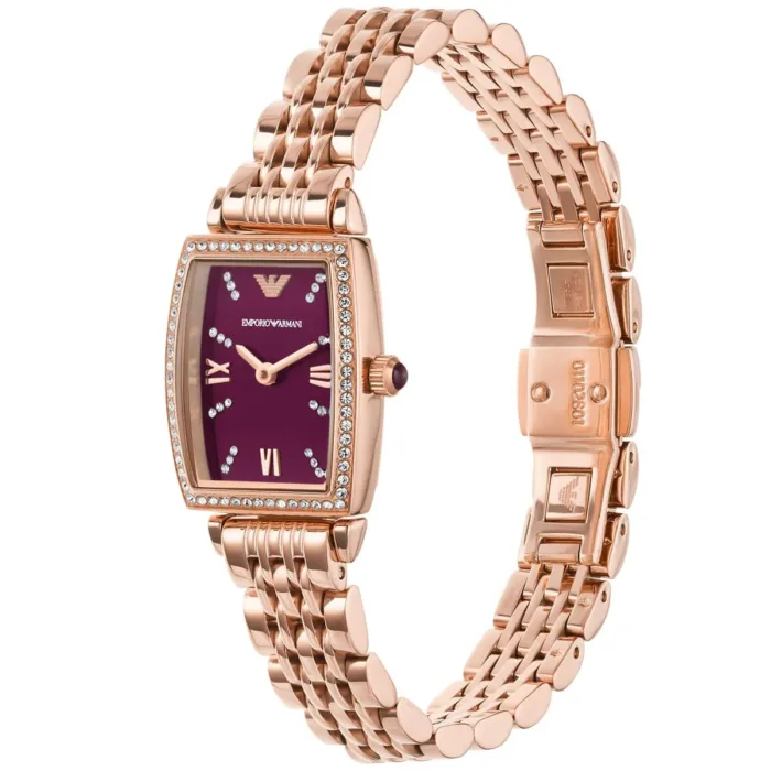 Emporio Armani Two Hand Diamonds Burgundy Dial Rose Gold Steel Strap Watch For Women - AR11488 - Image 5